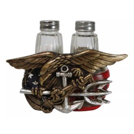 Ebros Gift US Navy Sailor Eagle Anchor Trident Emblem And Flag Salt Pepper Shakers Holder