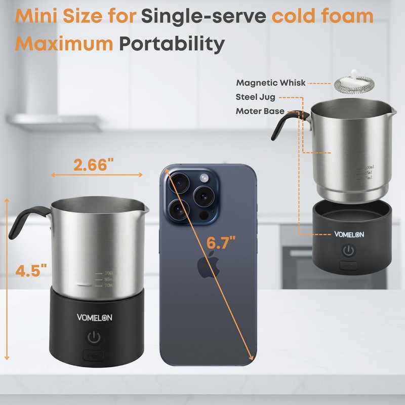 Single-Serve Rechargeable Milk Frother, Portable Mini Electric Cold-Only Foam Maker,