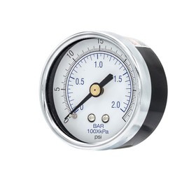 2 Pack of Dry Center Back Mount Pressure Gauge with 2" Dial, 0-30 PSI, 1/8" Male NPT Connection, Chrome Bezel, Brass Internals and Plastic Lens (2)