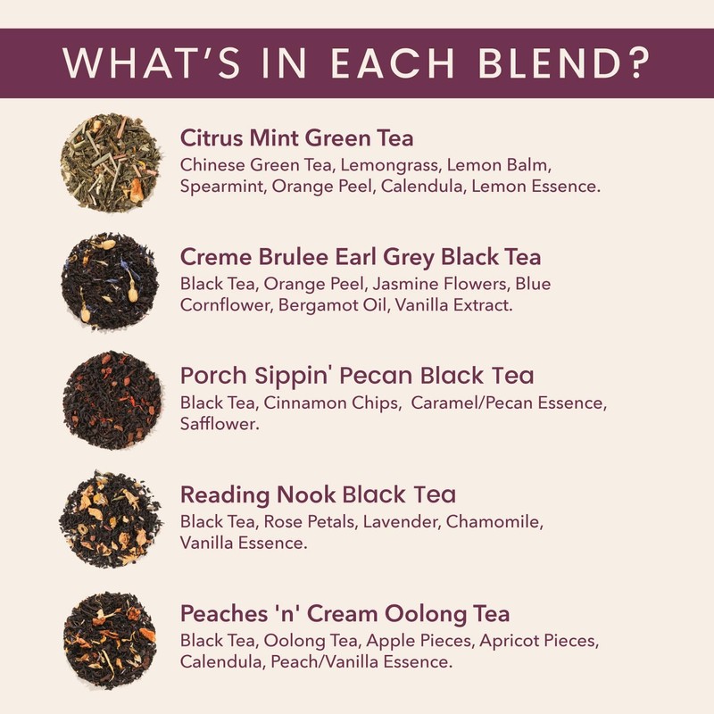 Loose Leaf Tea Sampler – 5 Caffeinated Blends Including Creme