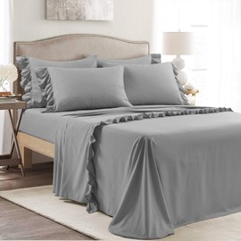 Lush Decor Reyna Ruffle Sheet Set, 6 Piece Set, King, Dark Gray - Soft & Comfortable Sheets With Ruffles - Classic Elegant Bed Sheet Set - Traditional, Modern Farmhouse, Glam, & Cottage Bedroom Decor