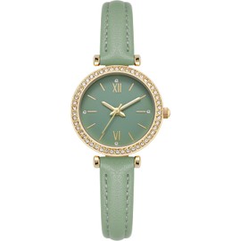 NUOVO Ladies Watch Green Women's Watch Elegant Rhinestone Decor Dial Sweet Dress Watch Casual Female Women Watches PU Leather Band
