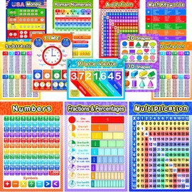 Blulu 12 Pieces Educational Math Posters for Kids with 80 Glue Point Dot for Elementary and Middle School Classroom Teach Multiplication Division Addition Subtraction Fractions Decimals, 16 x 11 Inch