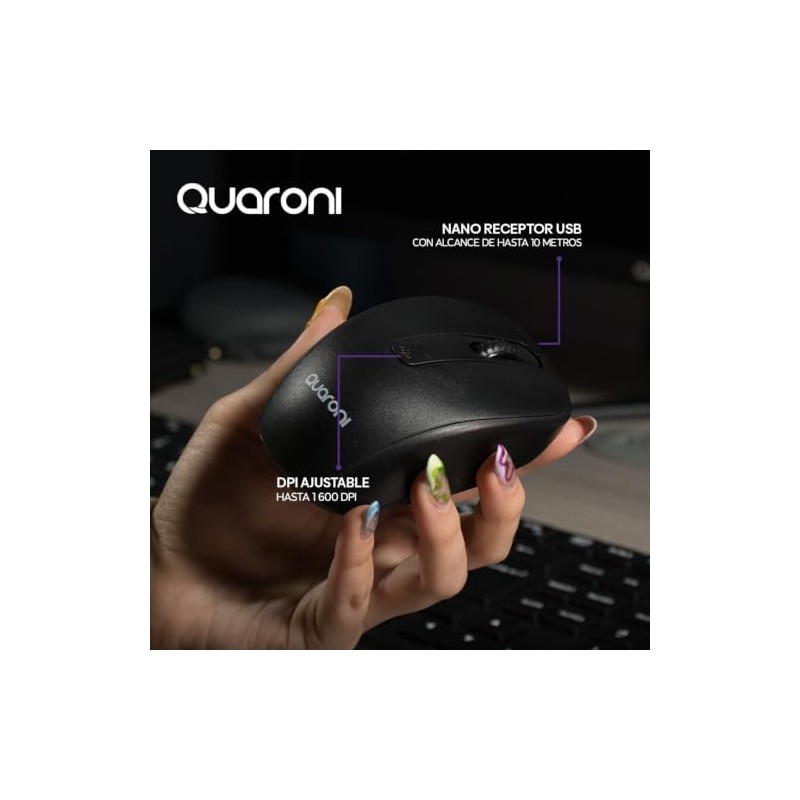 Quaroni Mouse MIQ01N. Sensor Optico, 4 Botones Scroll, Inalámbrico, 16001200800