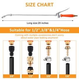 Mornajina 29 Inch All Metal Sprayer Wand Replacement Kit, 1/4" & 1/2'' & 3/8" Brass Barb Sprayer Wand Stainless Steel Garden Hose Wand Sprayer with Built-in Shut Valve & Quick Connector & Hose Clamps