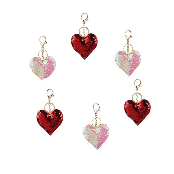 Dzrige 6 Pieces Sequin Heart Keychain Heart Shape Charm for