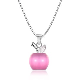 VYYU Silver Apple Pendant Necklace for Women Girls - Pink Apple Necklace with Leaf Cubic Zirconia, White Gold Plated Necklaces | Cute Christmas Gifts for Kids Child Jewelry Christmas Birthday Gift