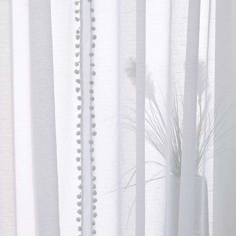 Pom-Pom Sheer White Curtains for Living Room 72" Drop Breathable