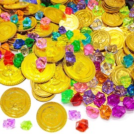 Eymobad Pirate Treasure with 50 Children's Gold Coins and 50 Pirate Gemstones, Children's Gold Coins Party, Treasure Hunt, Pirate Gemstones Theme for Children, Pirate Treasure Hunt, Birthday Party Bag