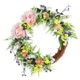 Artificial Peony Wreath Handmade Flower Wreath with Green Leaves Spring Grapevine Wreath Rose Wreaths Wall Hanging Pendant for Door Farmhouse Party Wedding Home Wall Hanging Decor (40CM)