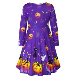 JESKIDS Long Sleeve Dresses for Girls Helloween Dress Swing Casual Dresses with Pockets 10-11 Years, Purple Pumpkin Cat