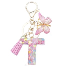 Xsclpomddy Girls Alphabet Letter Key Ring Cute Key Ring Glitter with Butterfly Tassels Resin Pink Keychain for Bag Charm, T