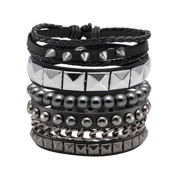 Eigso 4 Pcs Punk Leather Bracelet Hematite Black for Men Women Adjustable Spike Metal Cuff Bangle