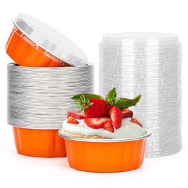 Disposable Ramekins with Lids, Beasea 8 oz 50 Pack 4Disposable Ramekins for Baking, Beasea 8 oz 50 Pack 4 Inch Aluminum Foil Cups with Lids, Disposable Creme Brulee Muffin Cupcake Baking Cup Mini Pudding Cups for Party Wedding Birthday - Orange