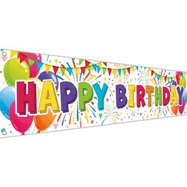Happy Birthday Banner - Birthday Decorations - Birthday Backdrop - Bday Banner Background 180 x 40cm / 6 x 1.3ft with 4 brass holes (White)