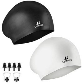 Long Hair Swim Cap for Women 2 Pack, Silicone Swimming Caps for Unisex Adult Women Men with Ear Plugs & Nose Clip Set, Waterproof Adult Swim Hats Bathing Caps to Keep Hair Dry(Black+White)