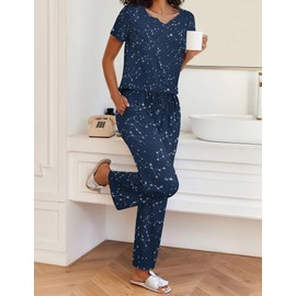 Ekouaer 2 Piece Womens Pajamas Short Sleeve Top and Long Pants Pjs Set constellation Printed Sleepwear with Pocket Blue Stars Large