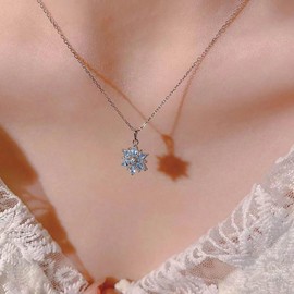 CZ Snowflake Pendant Necklace Silver Petite Diamond Drop Necklace Blue Crystal Wedding Necklace Cubic Zirconia Choker Simple Thin Chain Necklace Marquise Jewellery for Women, Zinc
