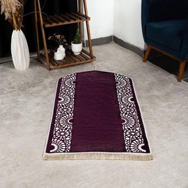 Modefa Turkish Islamic Prayer Mat - Chenille with Foam and Carrying Bag - Intricate Praying Rug Ramadan Eid Gift - Traditional Muslim Janamaz Seccade for Men Women - Mustaqim (Purple)