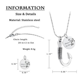 Cremation Jewelry for Ashes Urn Memorial Necklace Fish Hook Design Stainless Steel Pendant Keepsake Ashes Holder (Always In My Heart-Silver)