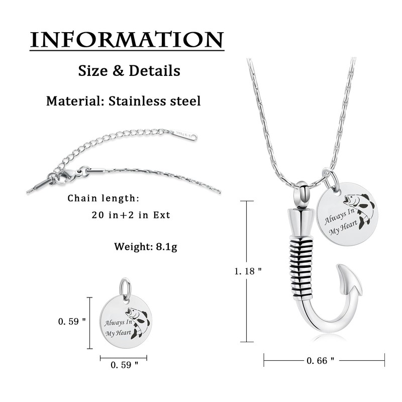 Cremation Jewelry for Ashes Urn Memorial Necklace Fish Hook Design