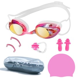 Gafas de natación, Kit de Natación,Resistente al Agua, Sin Fugas, Antiniebla, Protección UV, Estuche de protección Gratuito, Ajuste cómodo para Adultos Hombres Mujeres Jóvenes Niños y Niño (Rosa)