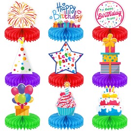 Yoqipati 9 Pieces Colorful Birthday Themed Honeycomb Centerpieces Birthday Decoration 3D Table Toppers Double Sided Stand Cards for Birthday Party Supplies