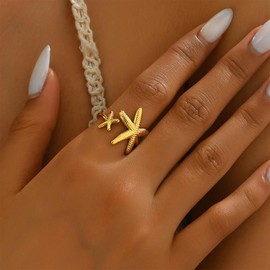 TseenYi Starfish Open Ring Statement Gold Star Ring Vintage Gold Starfish Adjustable Ring Double Starfish Wrap Ring Personality Star Wrap Ring, Gemstone