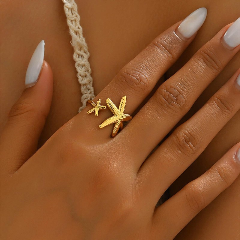 TseenYi Starfish Open Ring Statement Gold Star Ring Vintage Gold