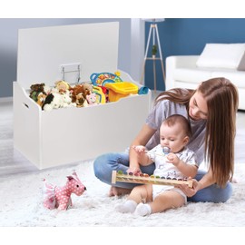 Badger Basket Wooden Toy Box with Bench Seat and Safety Hinge, Sturdy Chest, White