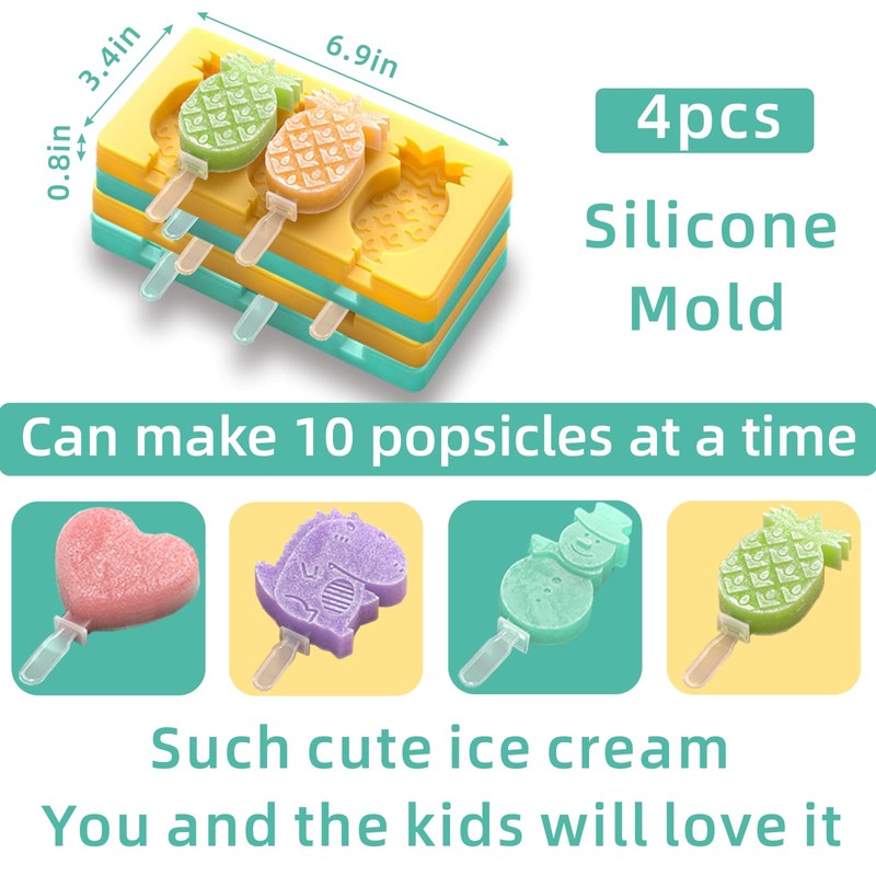 Kids Cartoon Popsicle Molds - 4 Pack, 10-Cavity Food-Grade Silicone