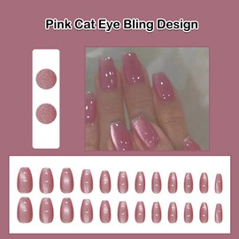 ANDGING Pink Cat Eye Press on Nails Coffin Short Medium Fake Nails with Bling Designs Full Cover Gel Fake Nails for Women Acrylic Glitter False Nails Manicure stick on nail for Wedding 24 Pcs