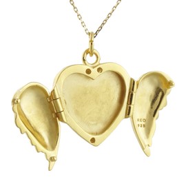 Gold Plated Sterling Silver Angel Wings Heart Locket Necklace, 18 Inch