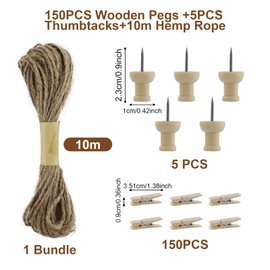 150PCS Mini Wooden Pegs, Photo String and Pegs, 3cm Natural Small Photo Pegs,Small Pegs for Hanging Photos,Wooden Pegs Craft with 10M Jute String for Photo Wall Display,Craft,Weddings & Party