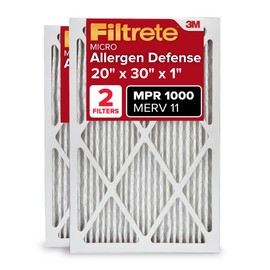 Filtrete 20x30x1 AC Furnace Air Filter, MERV 11, MPR 1000, Micro Allergen Defense, 3-Month Pleated 1-Inch Electrostatic Air Cleaning Filter, 2 Pack (Actual Size 19.81 x 29.81 x 0.81 in)