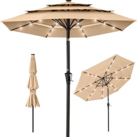 Best Choice Products 10ft 3-Tier Solar Patio Umbrella, Outdoor Market Sun Shade for Backyard, Deck, Poolside w/ 24 LED Lights, Tilt Adjustment, Easy Crank, 8 Ribs - Sand