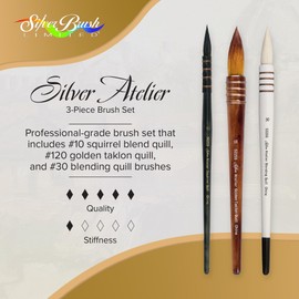 Silver Brush Limited QL-5355S Silver Aterlier 3pc Stroke Set, Premium Short Handle Full Bodied Quill Paintbrushes with Natural & Synthetic Mixed Filaments for Watercolor and All Water-Based Media