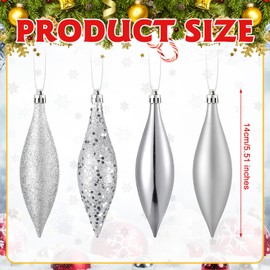 Soaoo 16 Pcs Plastic Finial Drop Christmas Ornaments Decorative Hanging Ornaments Shiny, Matte, Glitter and Sequin Finishes Shatterproof for Christmas Tree Decor Wedding Party Xmas Holiday(Silver)