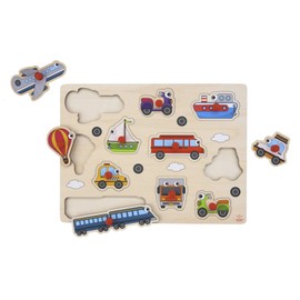 Engelhart - High-quality wooden puzzle with button for toddlers - various designs, wooden games for children and babies from 2 years (vehicle)