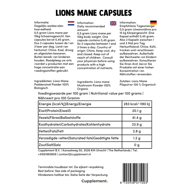 Cupplement - Lion Mane Capsules 60 Pieces - Organic -