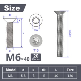 Wavanta 20Pcs M6 Bolts, M6 x 40mm Countersunk Torx Bolts Screws, Flat Head Trox Drive Machine Bolt, 304 Stainless Steel, Full Thread