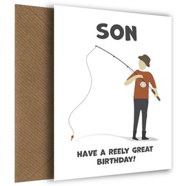 Hey Chimp Fishing Birthday Card for Son - Have a Reely Great Bday from Parents - For all Sons and Fishermen, Amusing Son Birthday Cards