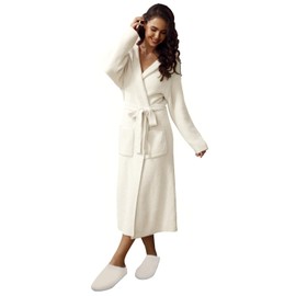 MH MYLUNE HOME Ultra Soft Robe With Pockets, Spa Bathrobe Loungewear Calf-Length, Plush Fuzzy Fluffy Wrap Robe for Women, Women's Robes, Hooded Ribbed Cream