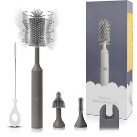 Augensterm Electric Cleaning Brush with USB Rechargeable Electric Bottle Brush Cleaner and 3 Replaceable Silicone Bottle Brushes and Straw Cleaner Brush,Perfect Baby Gifts and Kitchen Brushes(Grey)