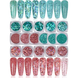 Spearlcable Holographic Nail Glitter 16 Boxes Nails Powder Nail Art Sequins Holo Shining Flakes Tiffany Rose gold Chunky Glitter Set Decals for DIY Nail Art Festival Glitter