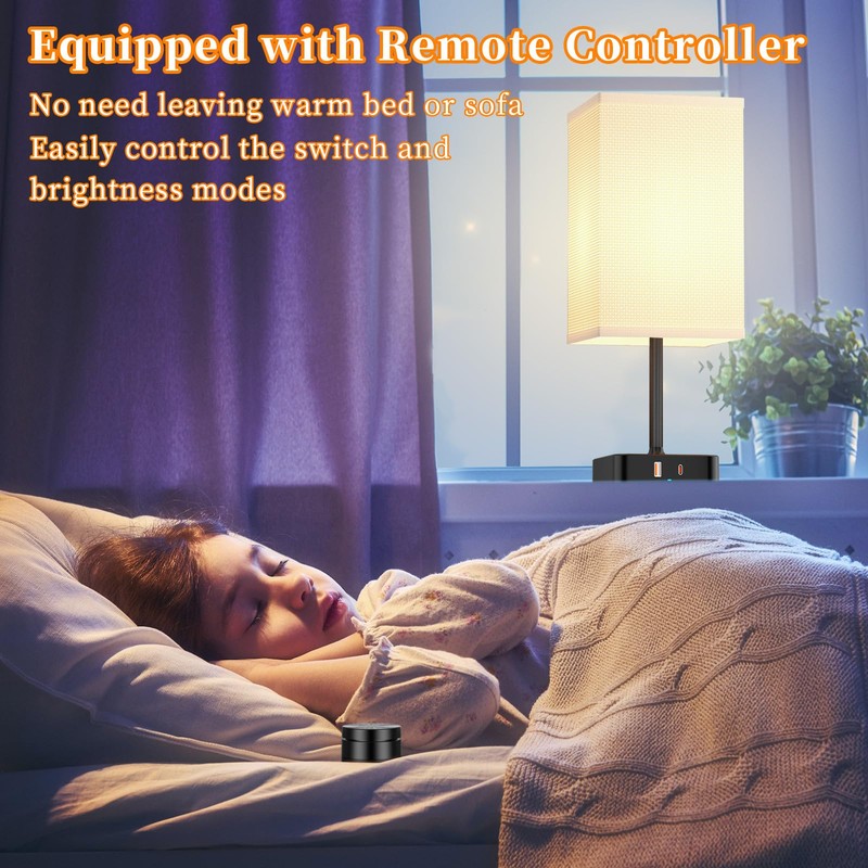 Remote Control Bedside Lamp with USB-C & USB-A Charging Ports,