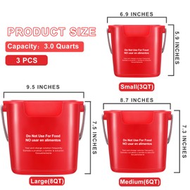 LemonRoad 3 Pcs Cleaning Bucket Small Sanitizing Square Bucket Multi-Size 3+6+8 Quart Detergent Pail for Home Commercial Restaurant Kitchen Office School Wash Rinse Sanitize Handwash(Red)
