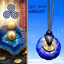 Lapis Lazuli Celtic Lotus Amulet Necklace - 30mm Royal Stone Protection Powers Pendant - Lucky Coin Donut Gemstone - Feng Shui Truth Talisman - Communication Spiritual Jewelry