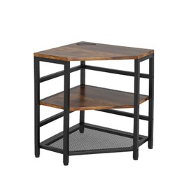 jarrvz Corner Printer Stand with Charging Station and LED Lights, 3-Tier Corner Printer Stand Table, Triangle Corner Table for Small Space Office Living Room，Corner tv Stand，Rustic Brown, Retro