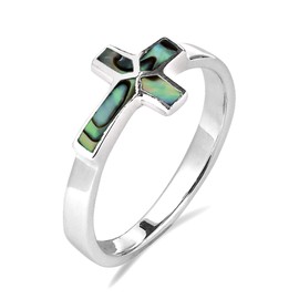 Aeravida Sideways Cross Rainbow Abalone Shell .925 Sterling Silver Ring | Classic Wedding Rings For Women | Religious Ornament Silver Rings for Women | Gift for Women | Sterling Silver Rings Sizes (9)